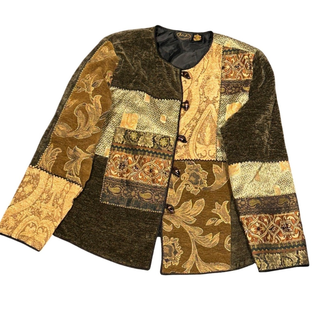 Vtg Julia Kim Tapestry Patchwork Jacket Womens Large Metallic Boho Art to Wear